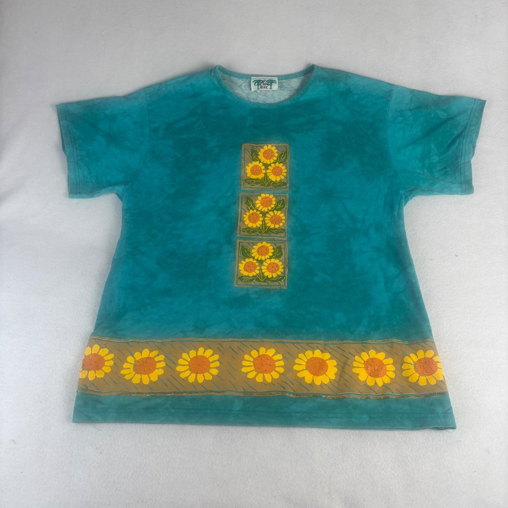 90s Women's Vintage Coconut Bay Teal Tie Dye Sunflower Graphic T-Shirt